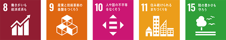 8働きがいも経済成長も 9産業と技術革新の基盤をつくろう 10人や国の不平等をなくそう 11住み続けられるまちづくりを 15陸の豊かさも守ろう