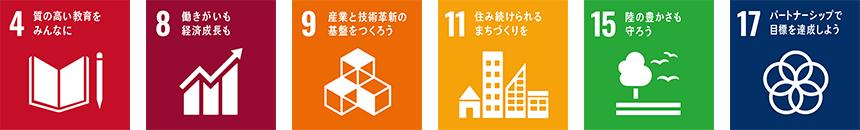 4 質の高い教育をみんなに 8 働きがいも経済成長も 9 産業と技術革新の基盤をつくろう 11 住み続けられるまちづくりを 15 陸の豊かさも守ろう 17 パートナーシップで目標を達成しよう