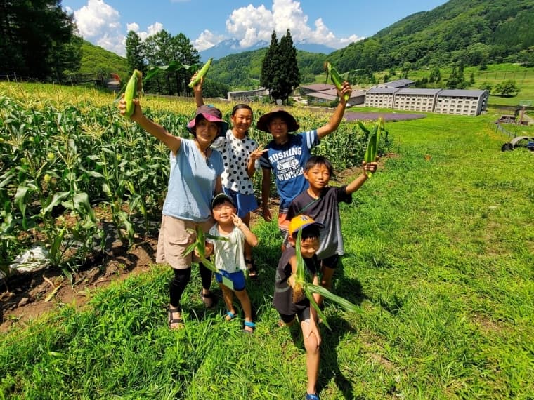 ホテルタングラム「もろこし村」での収穫体験。今後、生ゴミからできた堆肥を活用する予定